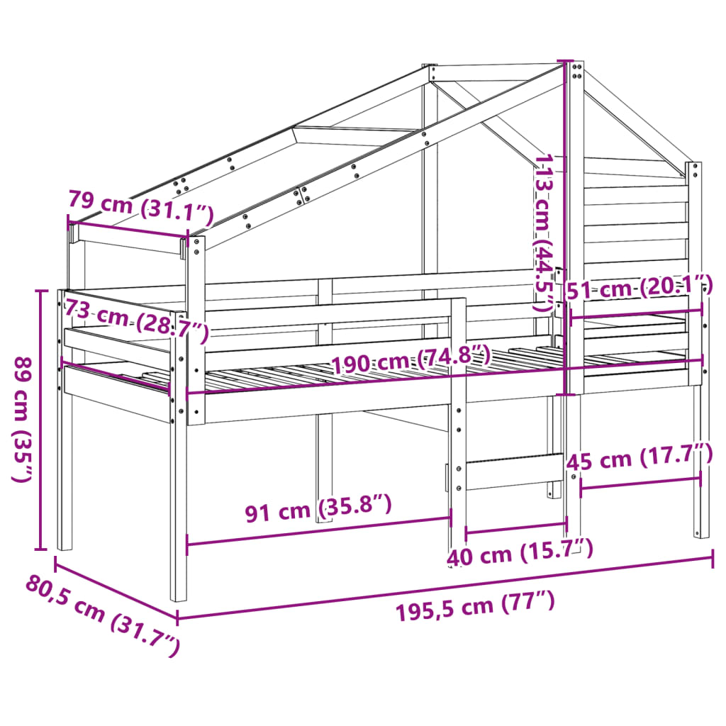 Lit haut avec toit 75x190 cm bois de pin massif - 9