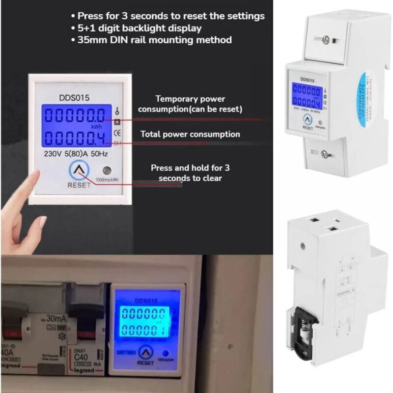 Contador de energia LCD retro-blindado monofásico de canto 5-80A 230V 50Hz para montagem em trilho DDS015, contador de energia WATT - 2