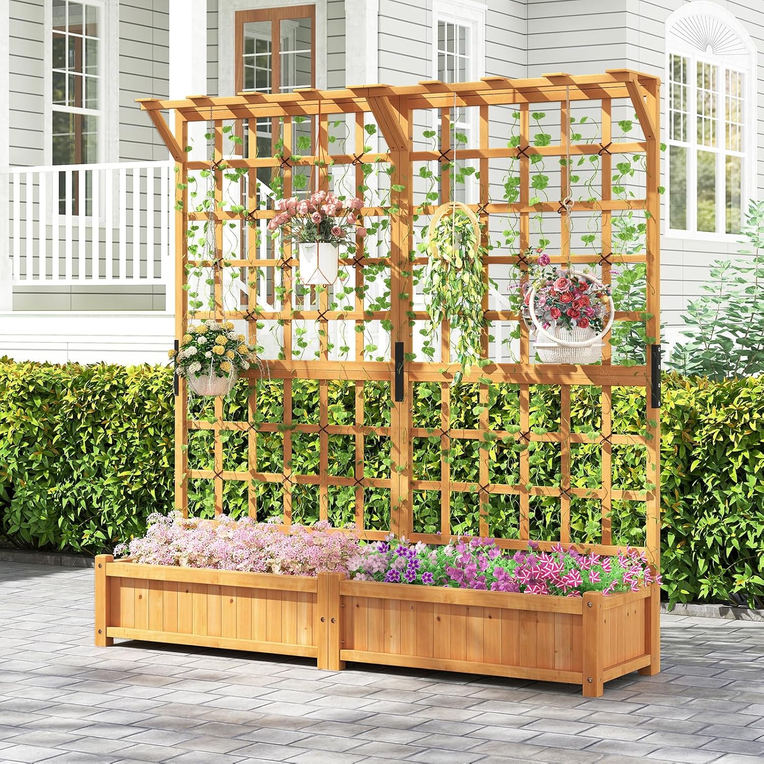 Jardinière avec 2 Treillis 2 Bacs Toit Suspendu en Bois, Lit de Jardin Surélevé pour Plante Grimpante, Orange (180 x 48 x 183 cm) - 9