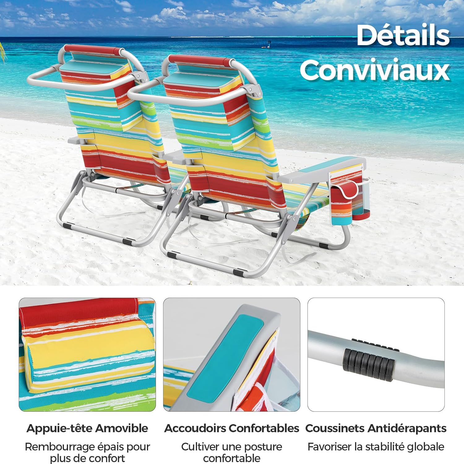 Cadeira de praia dobrável, porta-copos, porta-toalhas, almofada para a cabeça, carga máxima de 150 kg (62 x 54 x 80 cm, riscas azuis claras, 2) - 7