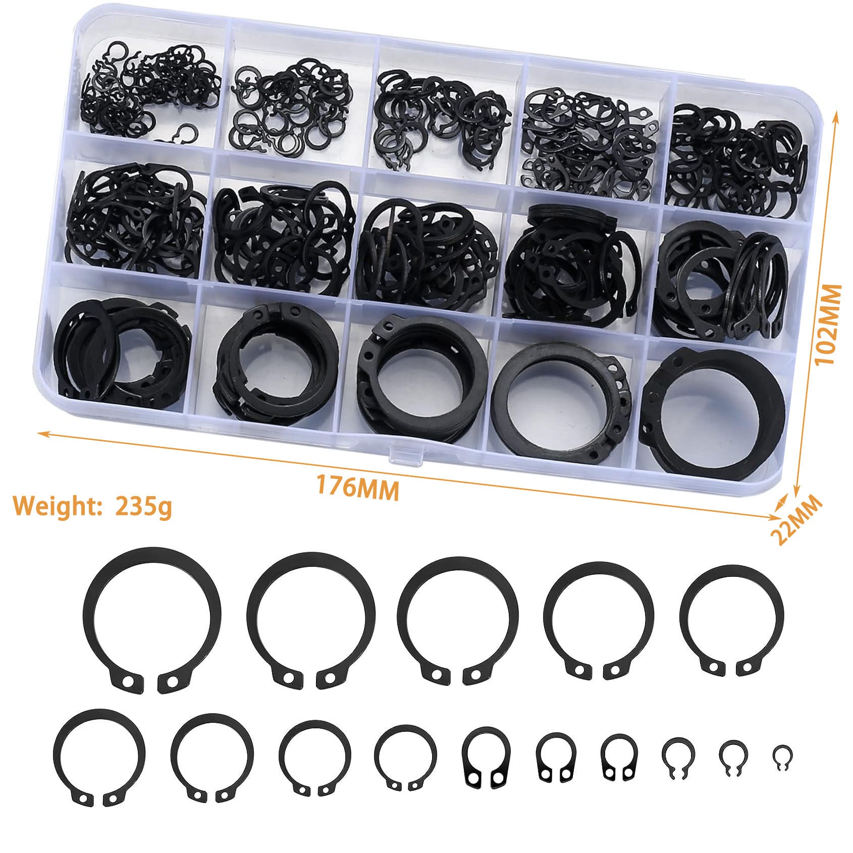 Coffret 225pcs Circlips Assortiment - 18 Tailles Circlips Interne Externe - Bagues De Retenue