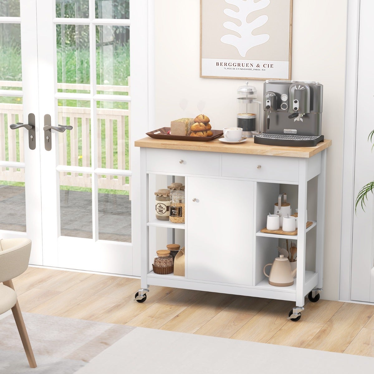 Chariot De Cuisine Avec Roulettes Et Plan De Travail - Îlot Mobile 115x36x90 Cm - Blanc Avec Plateau Bois - Tiroirs Et étagères - 4