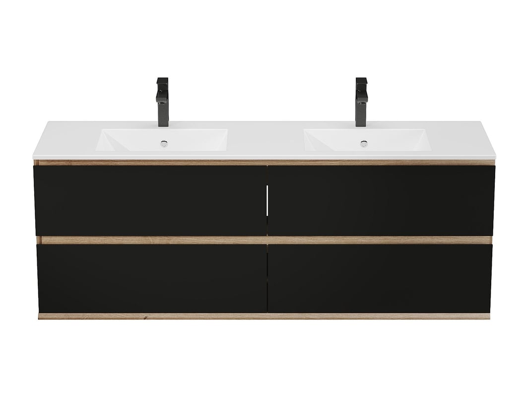 Szafka łazienkowa podwieszana z umywalką do zabudowy – Jasny naturalny i czarny – 150 cm – SABURI