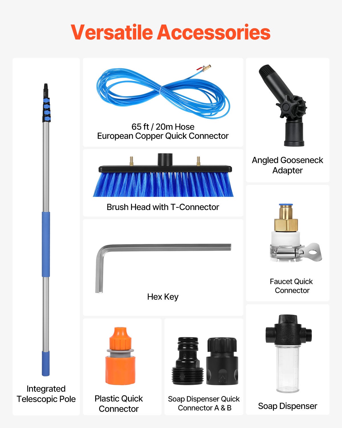 Kit perche télescopique VEVOR 7,3 m,brosse PP rotative 180°,tuyau 20 m,outil nettoyage panneaux solaires/vitres alimenté eau - 6