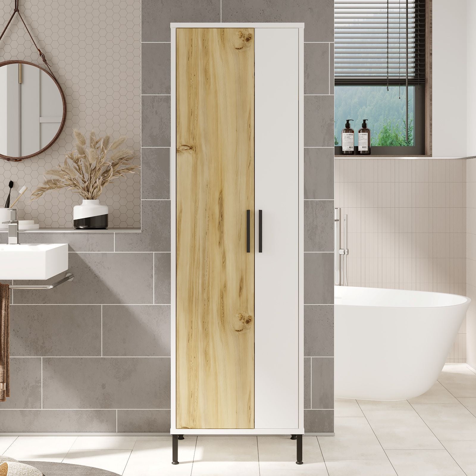 Colonna Bagno Multiuso Con Vano Portascope 50x36x165H Rovere E Bianco Daisy - 4