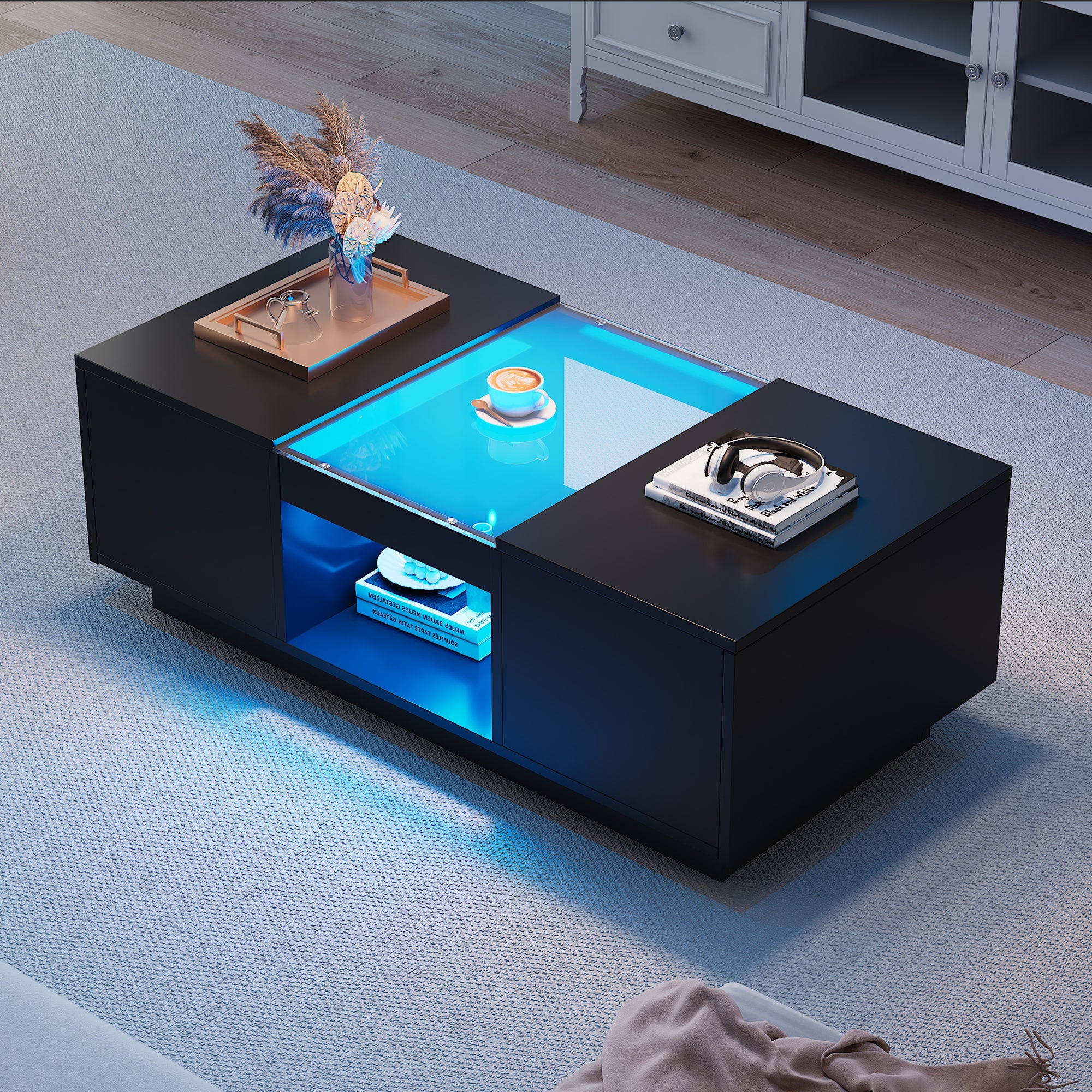 Stół kawowy czarny 100x50x35,5 cm - z LED, sterowaniem APP, 2 szuflady, szklana powierzchnia
