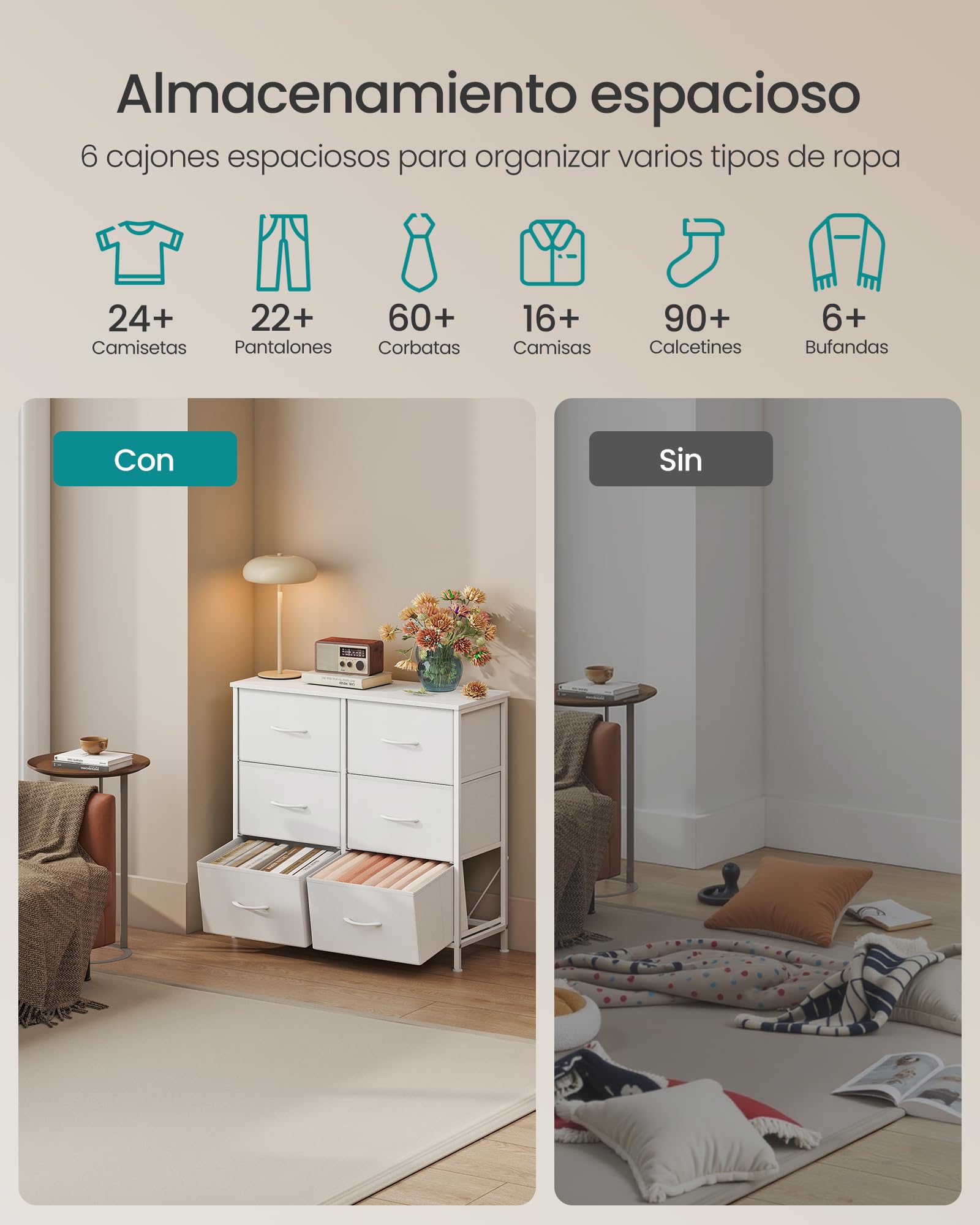 Cómoda moderna de acero con 6 cajones, para dormitorio y salón, blanco - 3