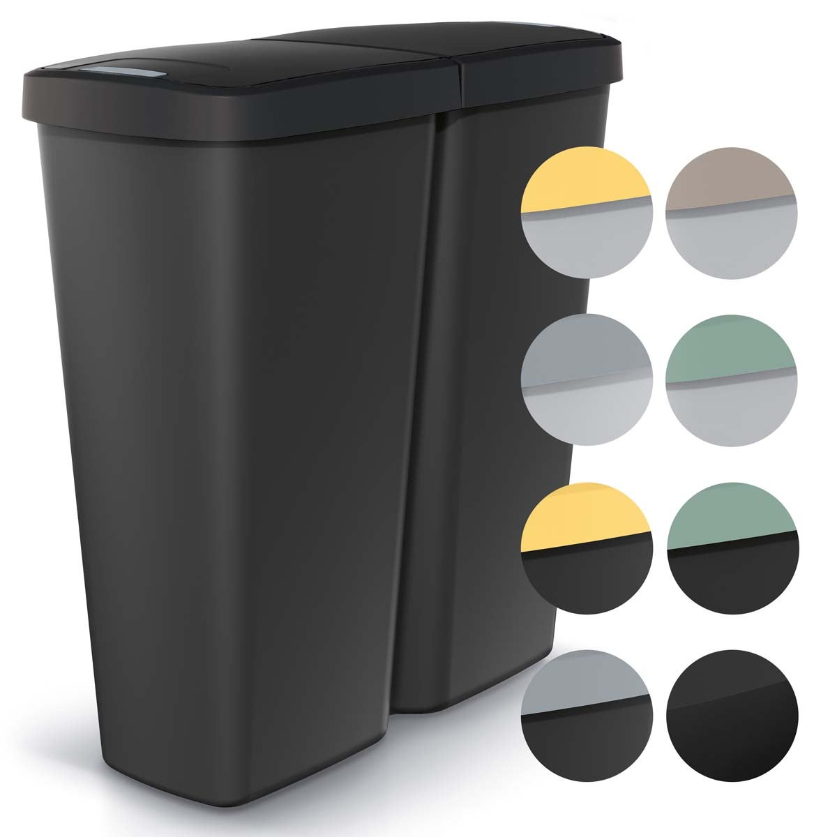 Lot De 2 Poubelles De Cuisine 50L Avec Couvercle Basculant - Noir/Argenté - Fabriqué En UE