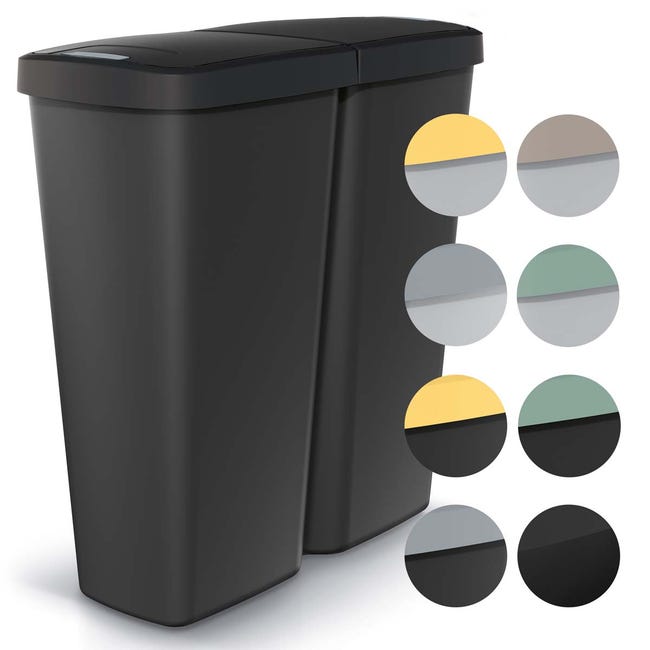 Lot De 2 Poubelles De Cuisine 50L Avec Couvercle Basculant - Noir/Argenté - Fabriqué En UE