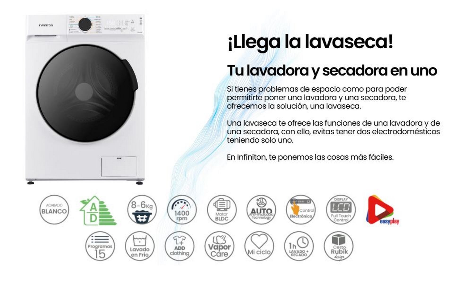 Lavaseca INFINITON WSD-A685B, 8 kg / 6 kg, 1400 rpm, A/D, Inverter, Blanco - 2