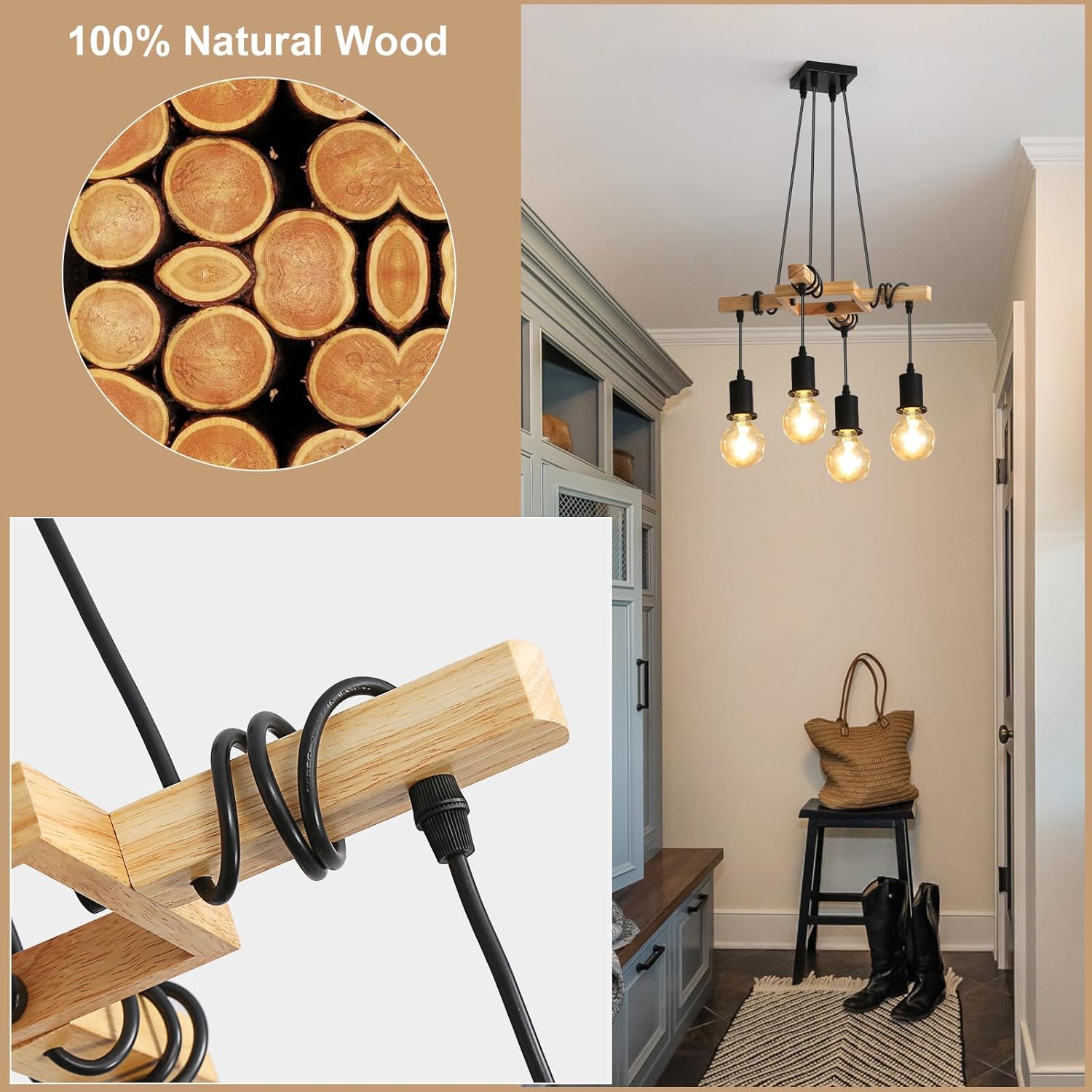 COMELY Suspension Industrielle Bois et Noir 4 Lumières E27, Lustre Vintage Réglable en Hauteur pour Salon Salle à Manger Cuisine - 2