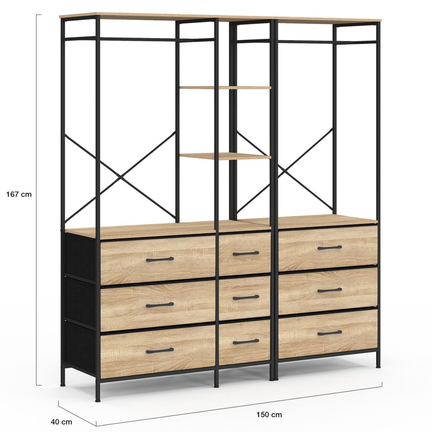 Dressing penderie modulable L. 150 cm UTAH XXL avec 3 étagères et 9 bacs en tissu bois et noir - 4