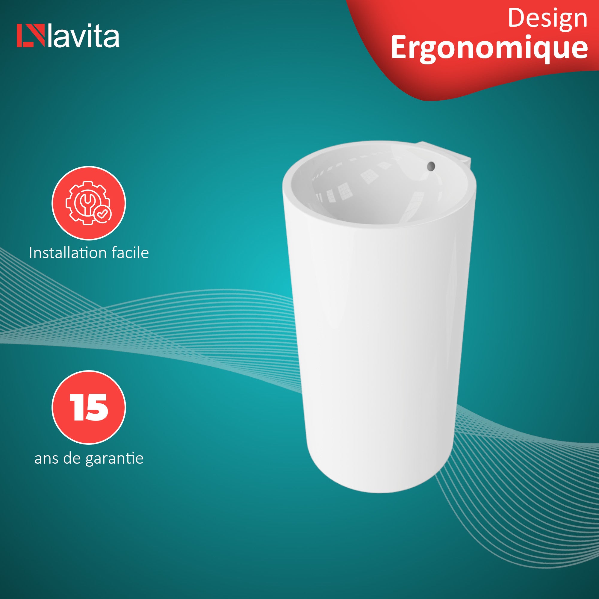 Lavabo indépendant LAVITA | Vasque autoportante élégante | Produit en porcelaine de haute qualité | ronde |44,5x46,5x81,5 cm | Blanc brillant - 4