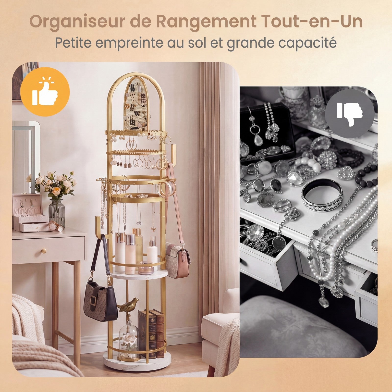 Support de Bijoux sur Pied Rotatif à 360° , Présentoir à Bijoux avec Porte-Boucles d'Oreilles, Colliers et 3 Étagères, Arbre de Rangement, Blanc - 5