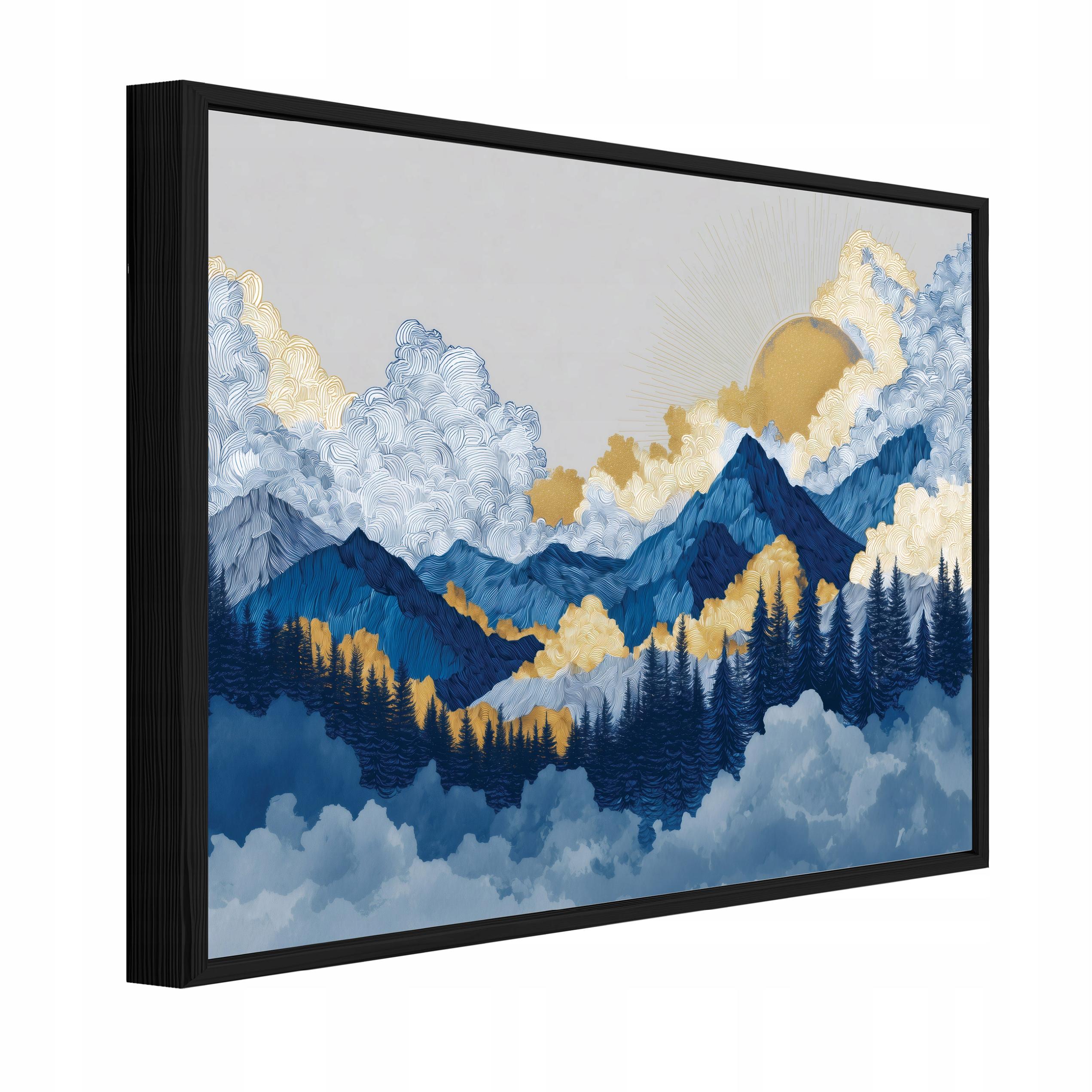 Tablou Canvas munti albastru acuarela Tablou decorativ Rama Neagra Living Bucatarie Tablouri de perete 100x70 cm