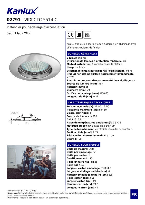 Spot Plafond Encastrable - Aluminium Chromé - Ø77mm - GX5.3 - Kanlux VIDI - 8