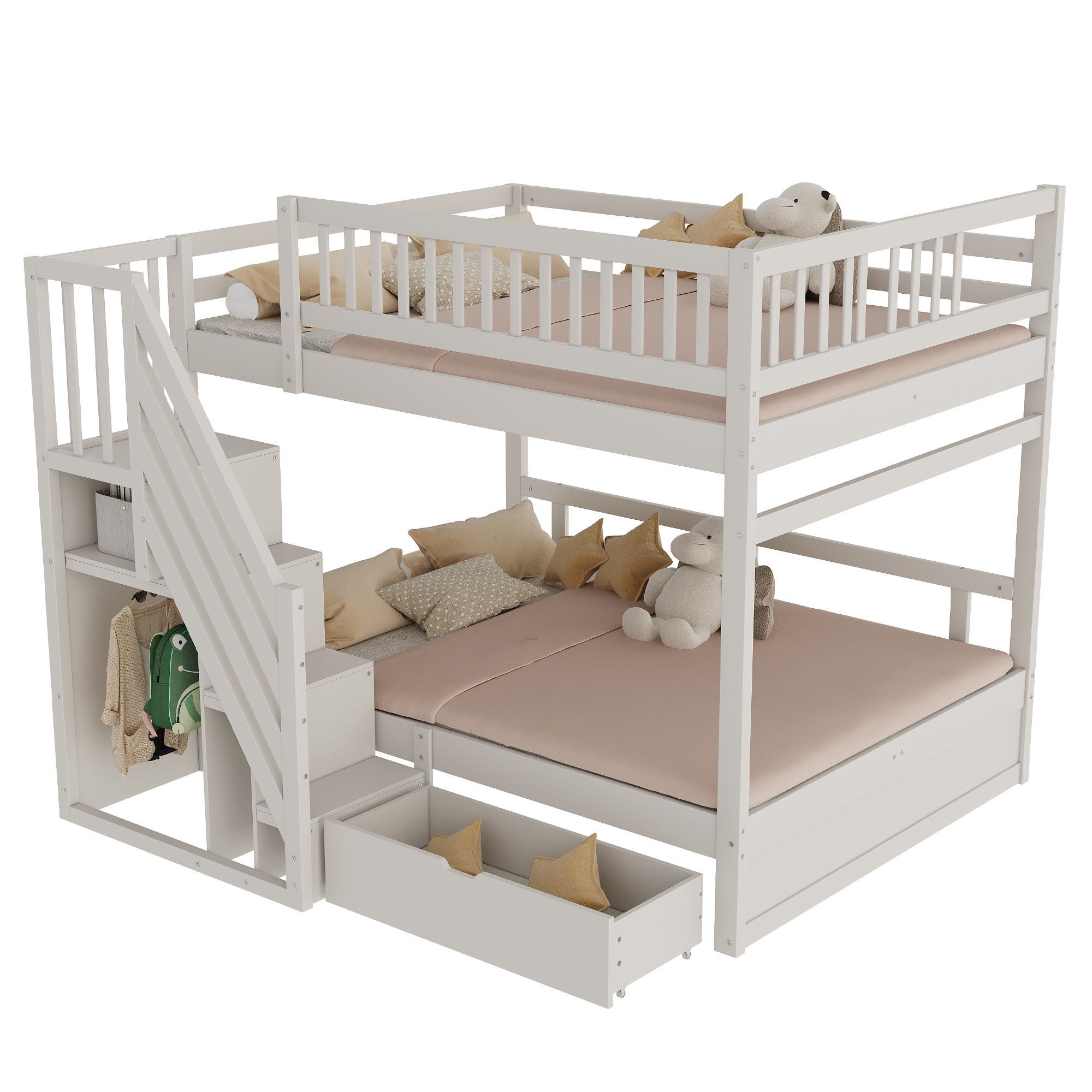 Letti a castello 2 x 140 x 200 cm con armadio aperto e 1 cassetto - Pino + compensato + MDF - Bianco (Senza materasso) - 7