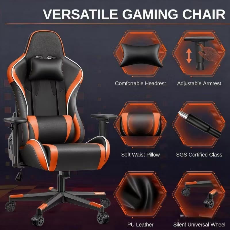 Chaise gaming ergonomique réglable en hauteur avec appui-tête et soutien lombaire, fauteuil bureau pivotant noir/orange - 3