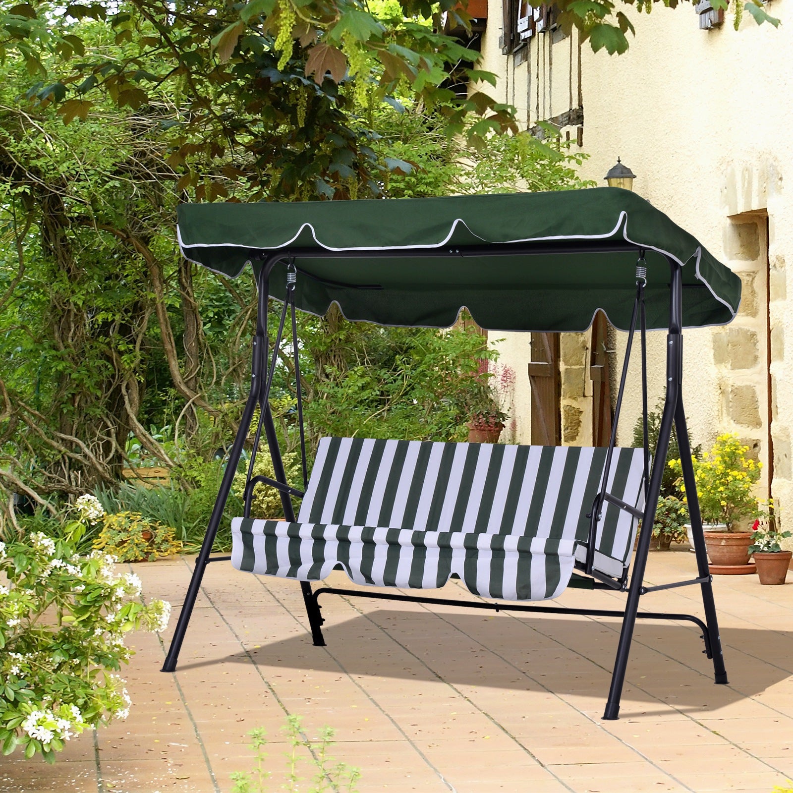 Outsunny Dondolo da Giardino a 3 Posti con Tettuccio Inclinabile e Cuscini, 172x110x153 cm, Verde - 2