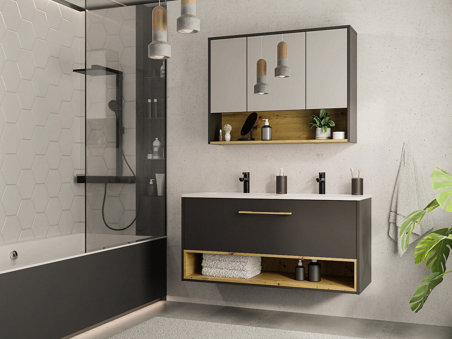 Szafka łazienkowa wisząca w kolorze antracytowym z wbudowaną umywalką - 120 cm - YANGRA