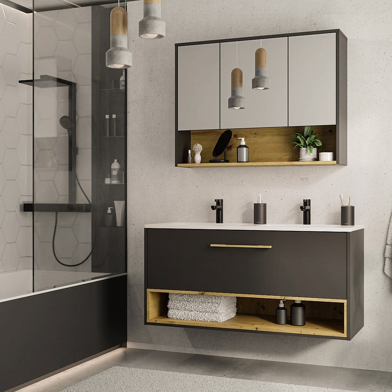 Szafka łazienkowa wisząca w kolorze antracytowym z wbudowaną umywalką - 120 cm - YANGRA