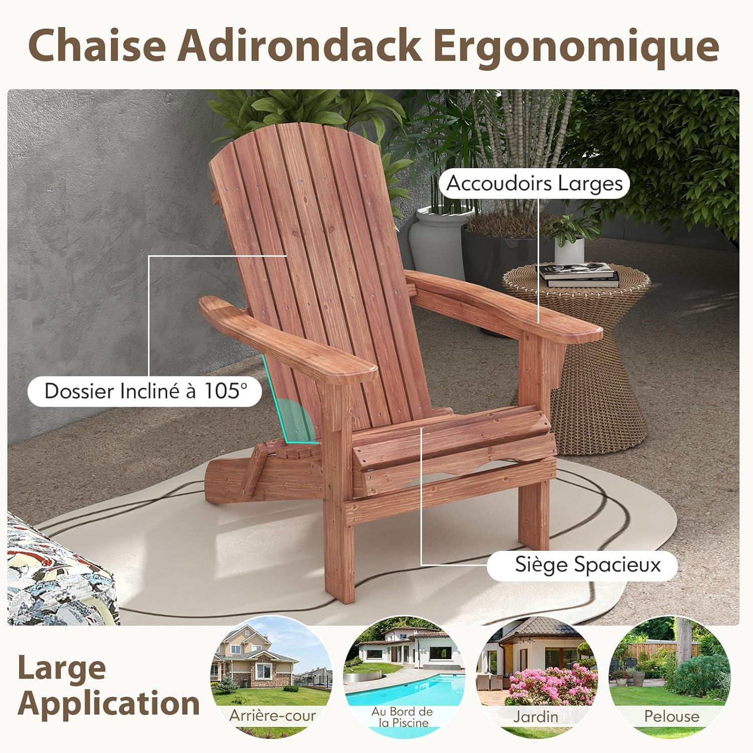 Lot de 2 Chaise de Jardin Adirondack en Bois, Fuateuil de Jardin à Lattes Pliable avec Accoudoirs, Dossier Haut, Charge 160 KG - 7
