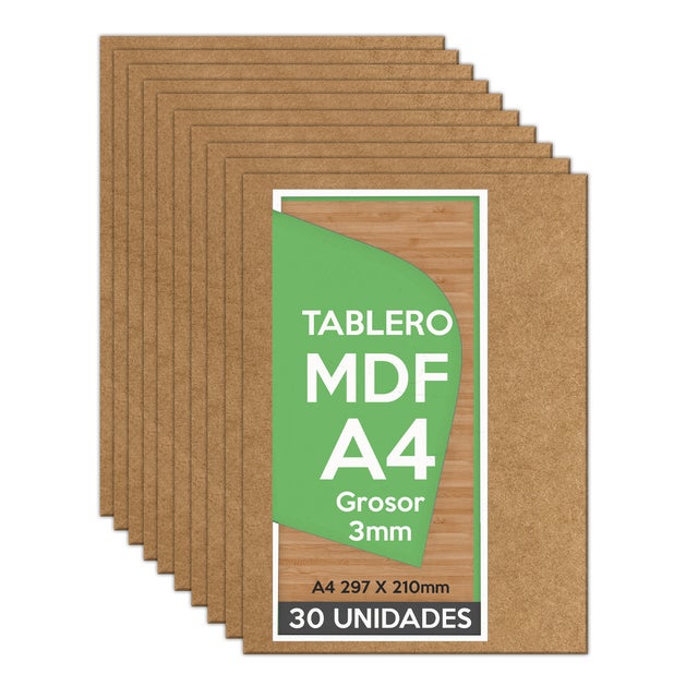 Tablero Madera DM (MDF) A4 210x297 x 3mm (30 paneles) - Bricolaje, Manualidades, Corte Láser, Marqueteria, Calado, Artesanía
