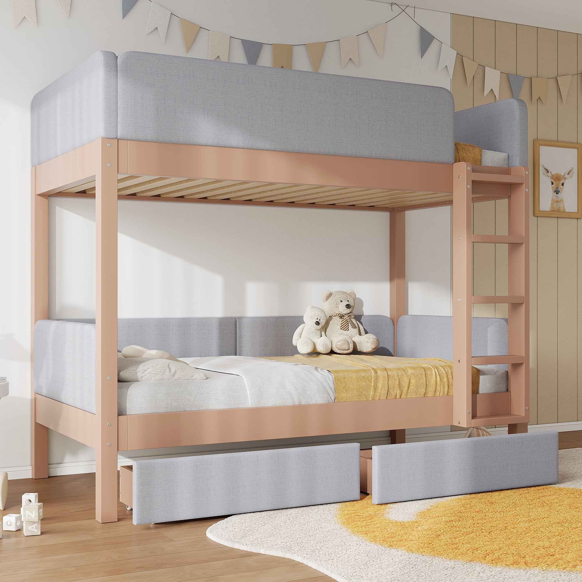 Tapicerowane łóżko piętrowe 90x200cm - z 2 szufladami - pianka antyurazowa - z 4-stopniową drabiną - drewno hevea + MDF - Naturalny+Szary