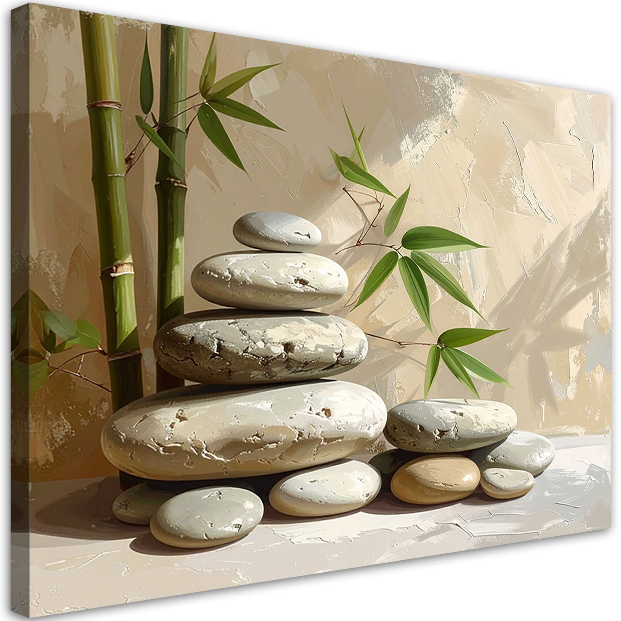 Obraz do salonu sypialni, Kamienie zen spa liście bambusa w beżu 120x80