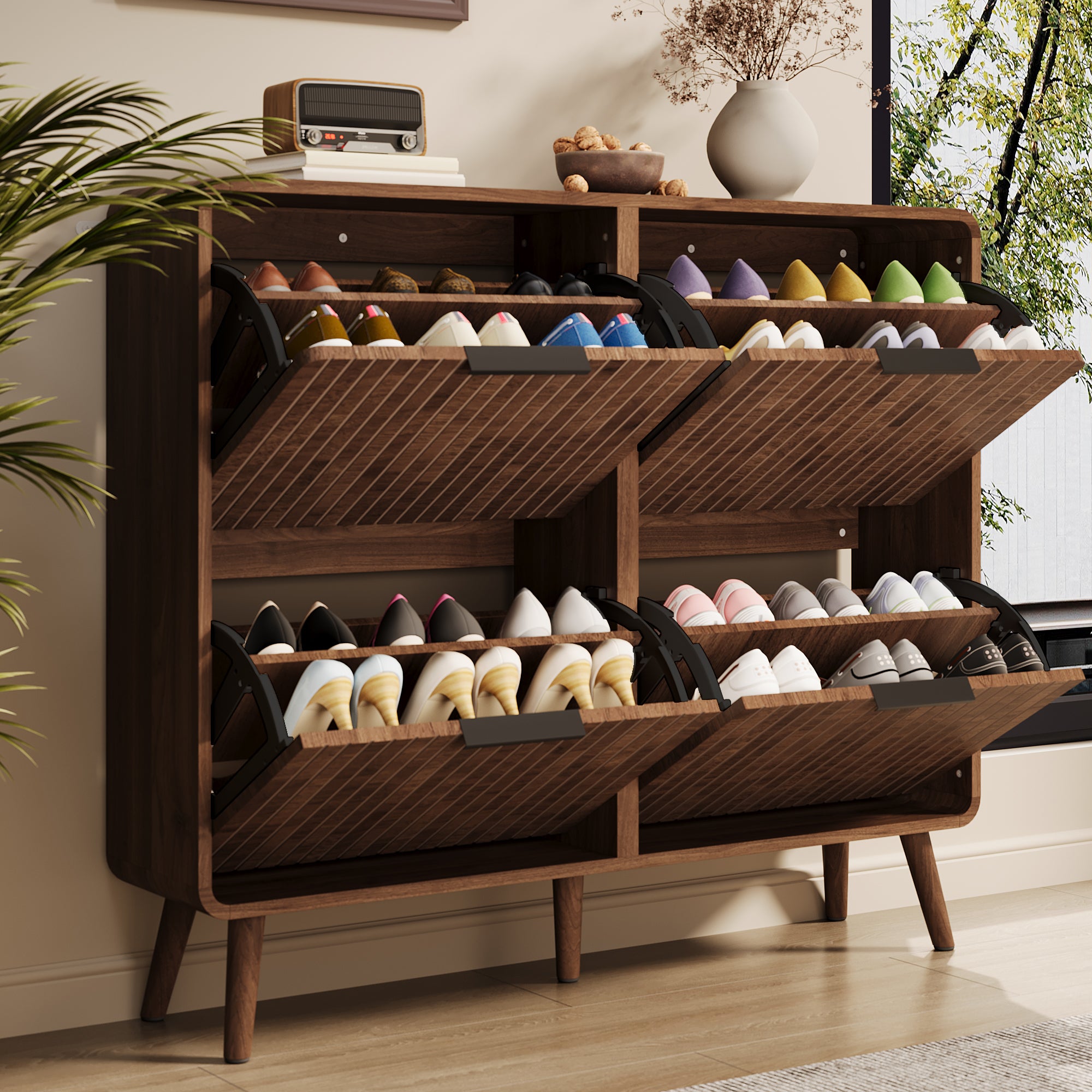 Meuble à chaussures avec 4 portes rabattables - 105 x 24 x 90 cm - Contenir 18 à 24 paires - MDF - Noyer - 4
