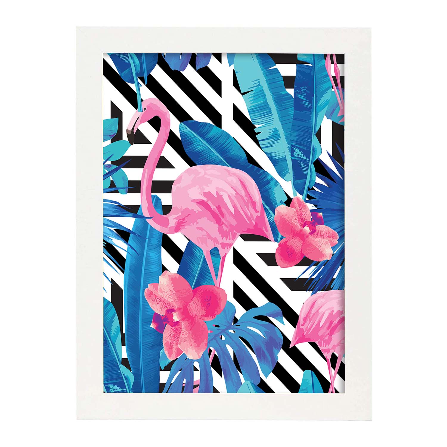 Poster de flamencos. lamina flamenco tropical con imagenes de flamencos sobre fondo colorido. posters de aves con diseno. marco blanco - a3