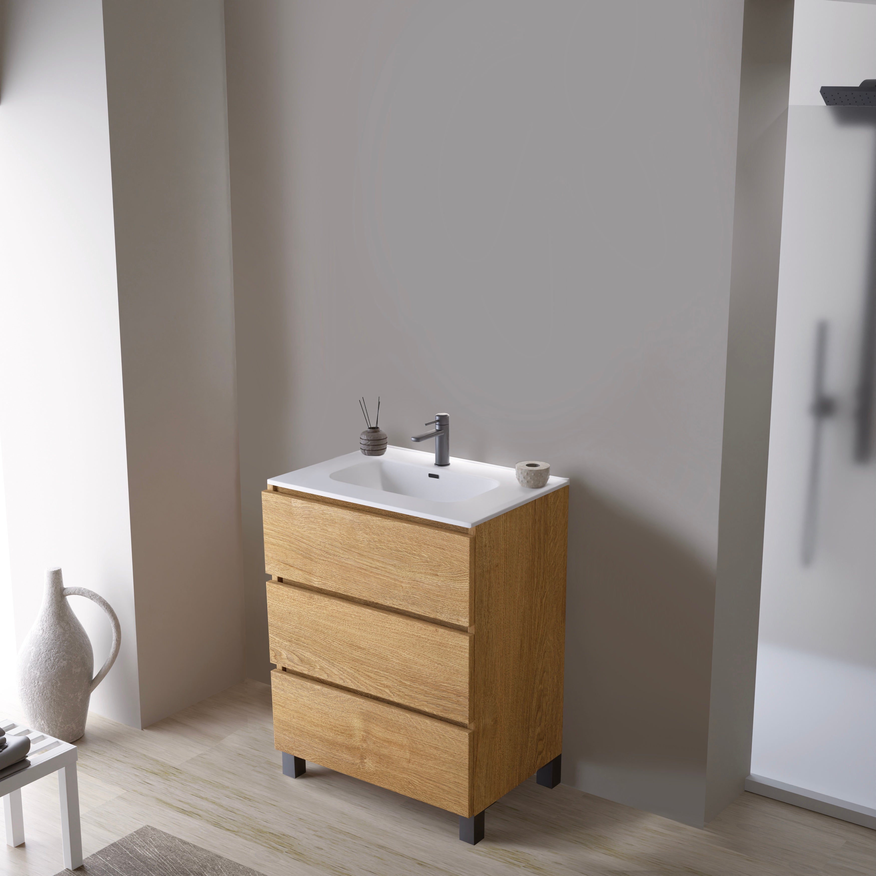 Feel Your Bath, Meuble SDB Effet Bois 60 cm + Vasque Céramique Blanc Brillant – 3 Tiroirs et Pieds, Moderne - 2