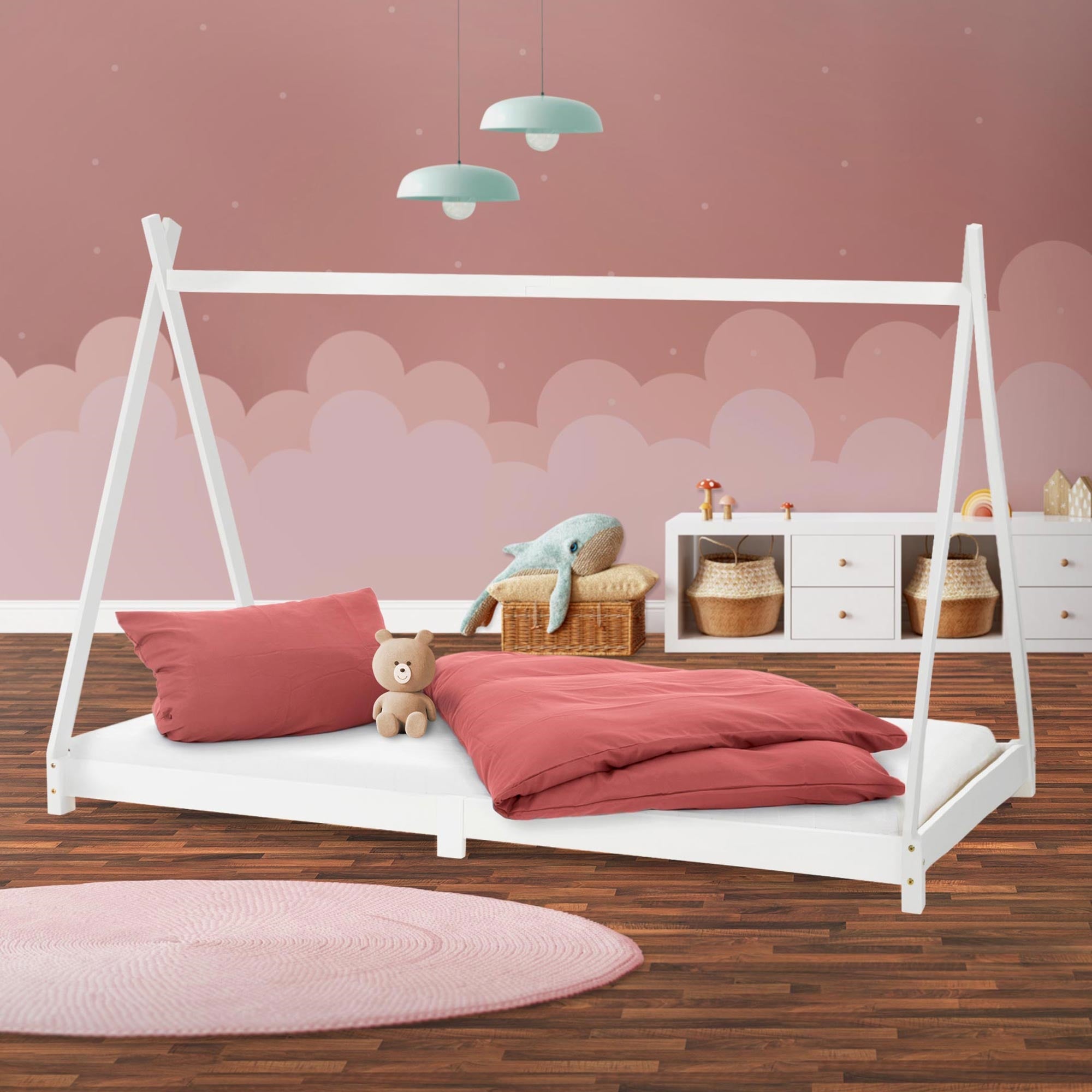 ML-Design łóżko tipi 90x200 cm biały z ramą listwową w stylu indianskim wykonane z drewna sosnowego dla chłopców i dziewczynek łóżko młodzieżowe