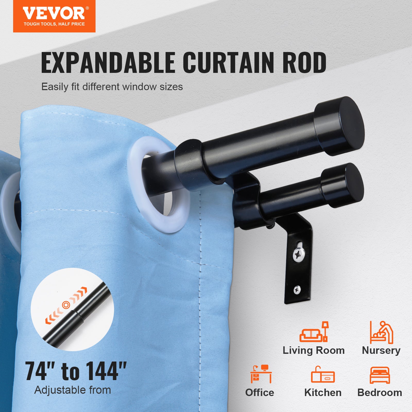 Barra cortina doble VEVOR Barra de cortina extensible 183-366 cm con tapas en los extremos Hierro resistente Carga 13,6 kg para colgar cortinas opacas - 2
