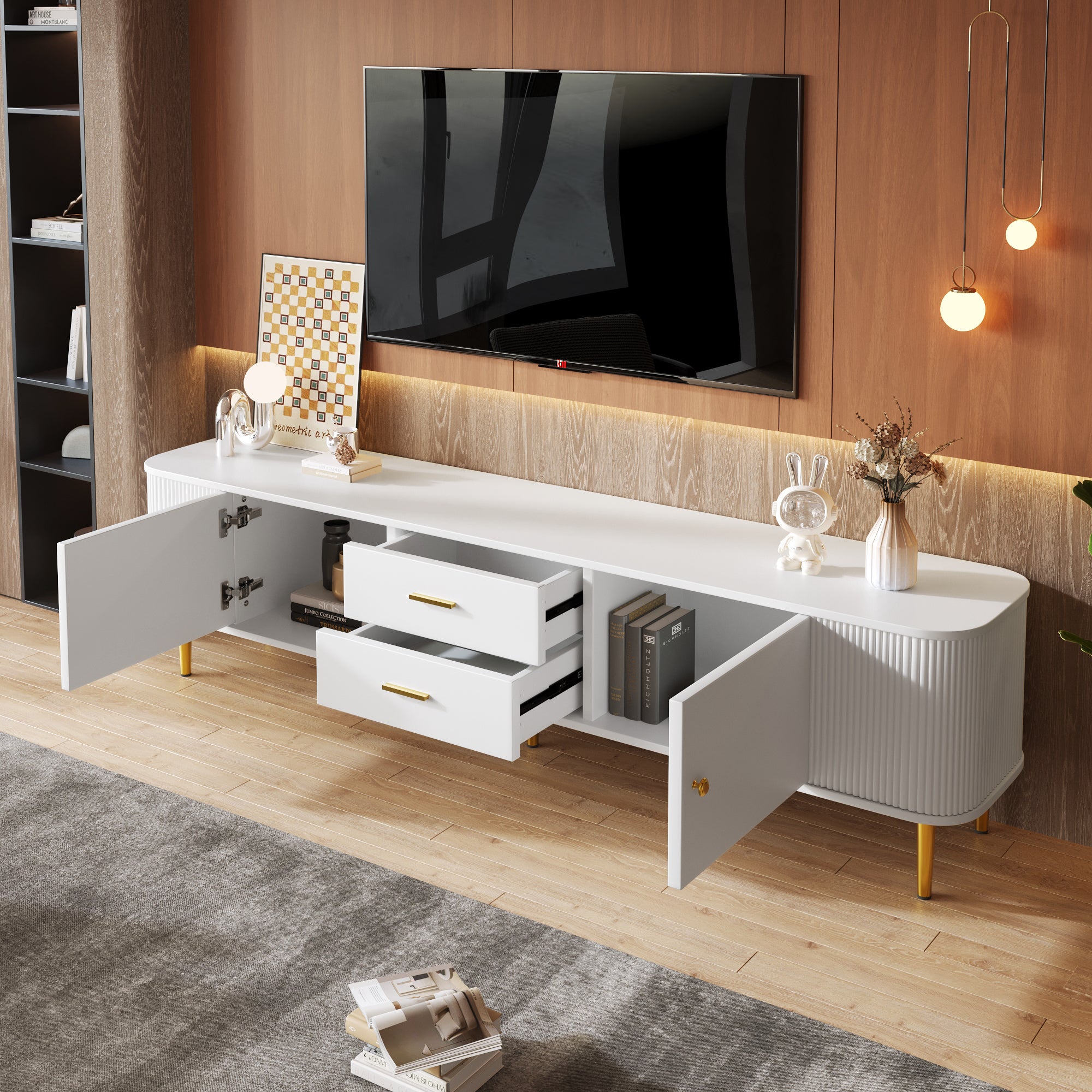Szafka RTV z 2 szufladami i 2 drzwiami - 170 x 34 x 45 cm - Płyta MDF - Złote uchwyty i nóżki - Kolor biały