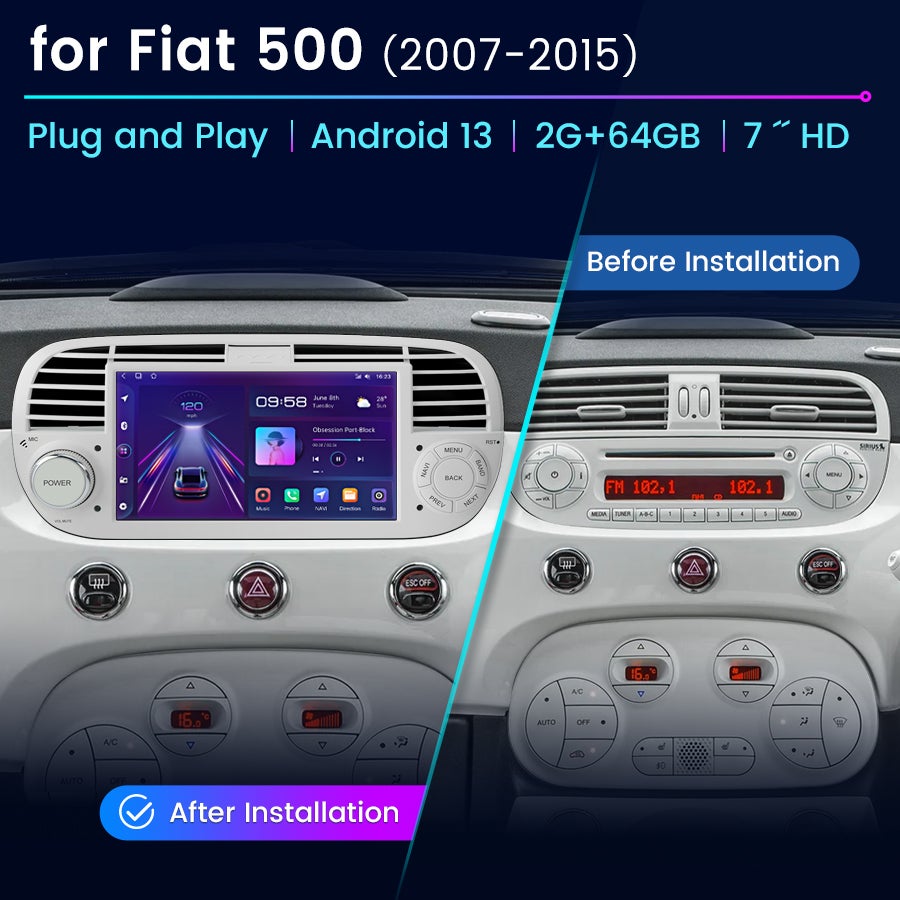 OiLiehu Autoradio Android 13 Per Fiat 500 (2007-2015) – 7 Pollici, 4G+64G, CarPlay Wireless, GPS, DAB, Con Telecamera - 4
