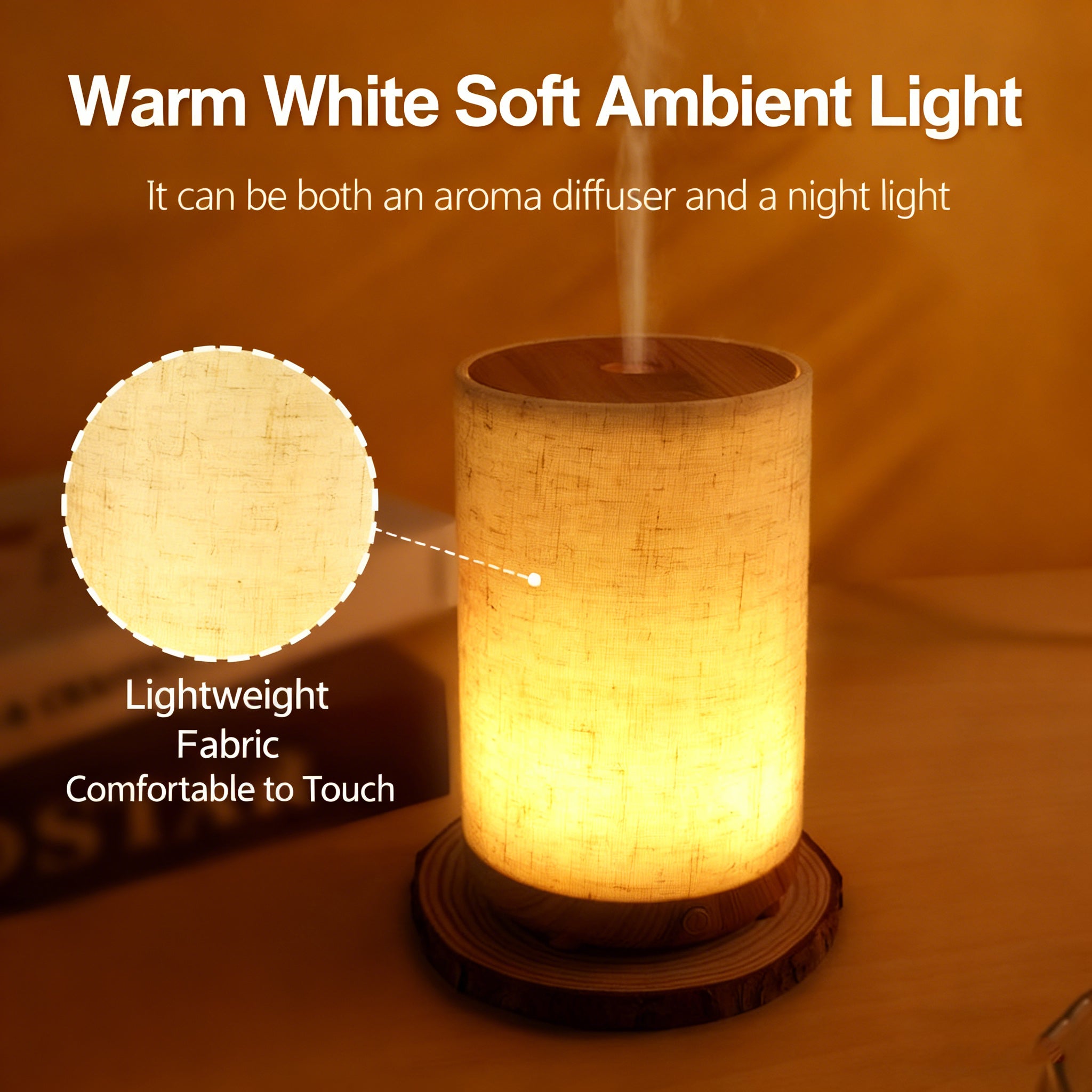 1pc Difusor Aromaterapia Ultrasónico 80ml, Luz Cálida, Diseño Madera & Tela, Niebla 4H Continua/8H Intermitente, Apagado Automático - 6