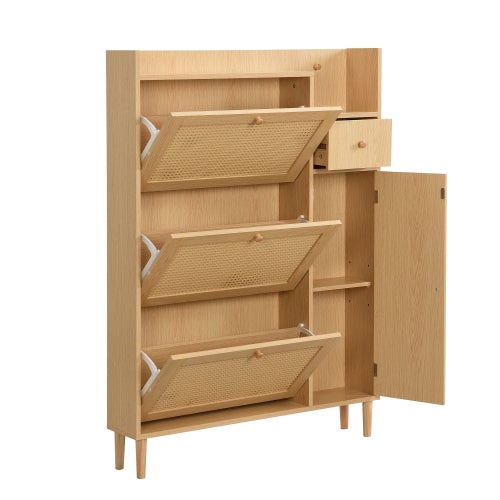 Meuble à chaussures en bois et rotin - 3 portes basculantes et 1 tiroir, naturel - 6