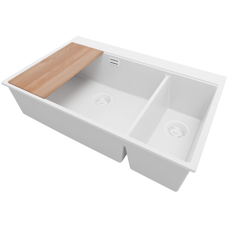Zlewozmywak Cały Biały 78x50cm, Zlew Kuchenny 2 Komorowy + Syfon + Deska, Nablatowy do szafki od 80cm - Oslo Duo PRIMAGRAN