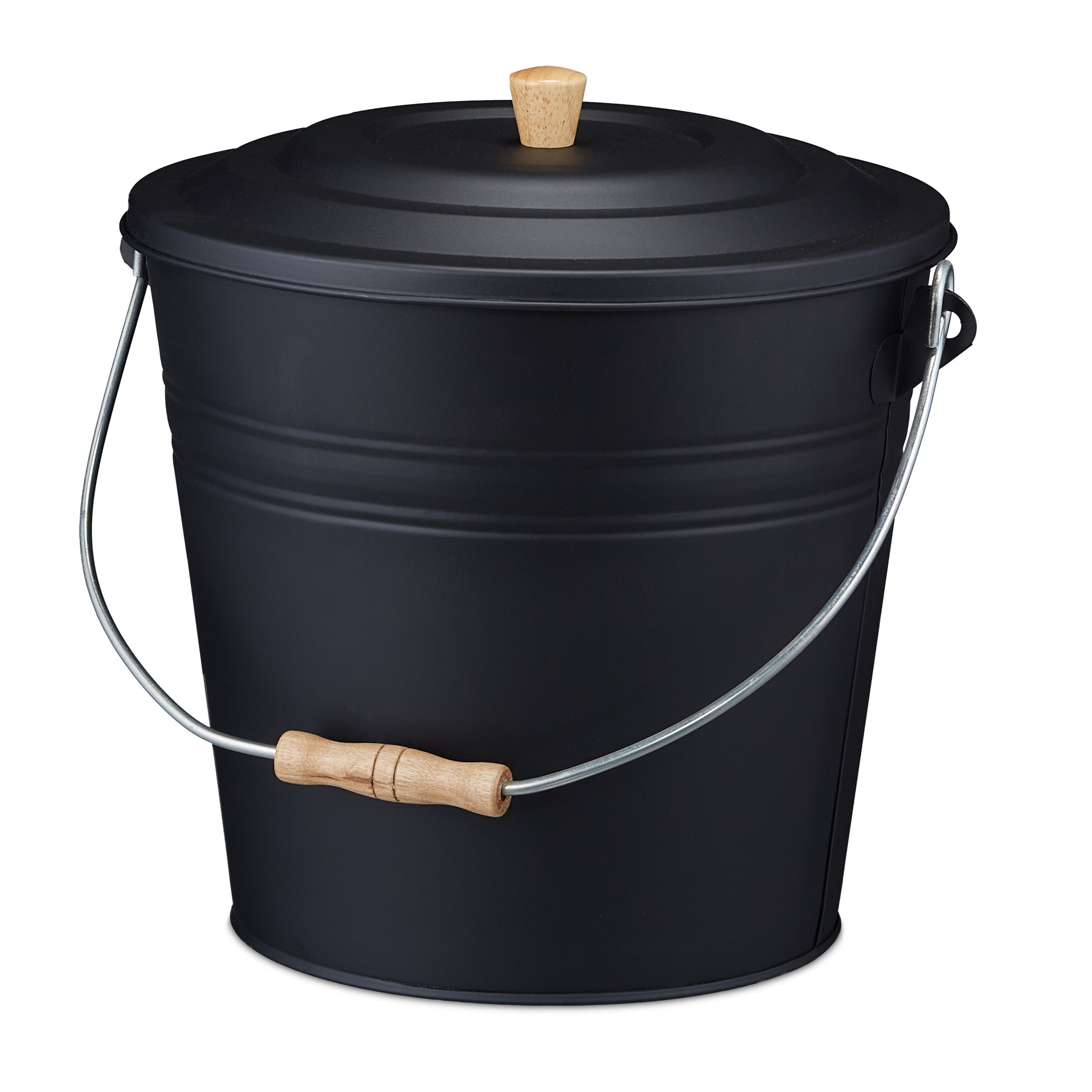 Cubo Cenizas con Tapa, 12 Litros, Accesorio Chimenea, BBQ, Acero y Madera, Contenedor Ceniza con Asa, Negro, Relaxdays - 9