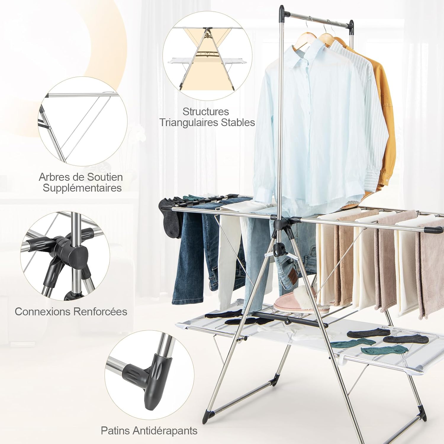 Étendoir Linge Intérieur,en Acier Inox, Cintre Haut 182 cm, Grand Filet de Séchage, Tancarville Linge Solide Réglable 70-140 cm - 6