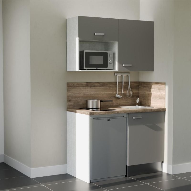 Kitchenette équipée 120 cm K07 Gris - Plan de travail Bois - Crédences ...