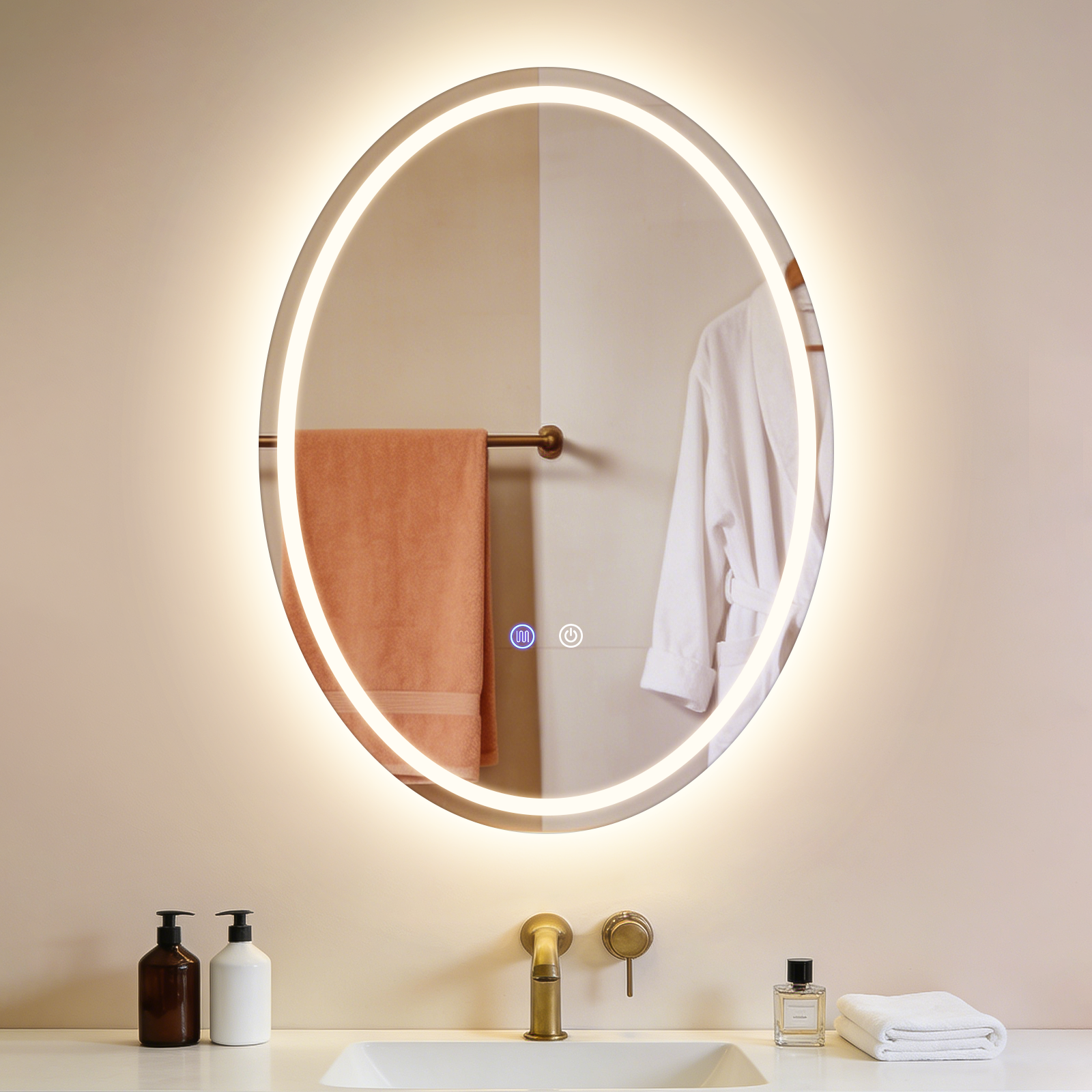Zmh espejo de baño ovalado iluminación led 60x80 cm pared ip44 táctil antivaho regulable 3000k-6500k