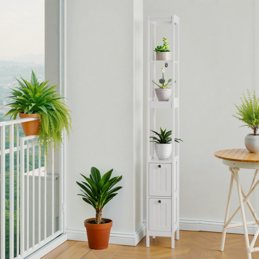 Armario de baño estrecho de madera con 2 cajones y 3 estantes, almacenamiento práctico para inodoro, lavabo y lavadora - 2