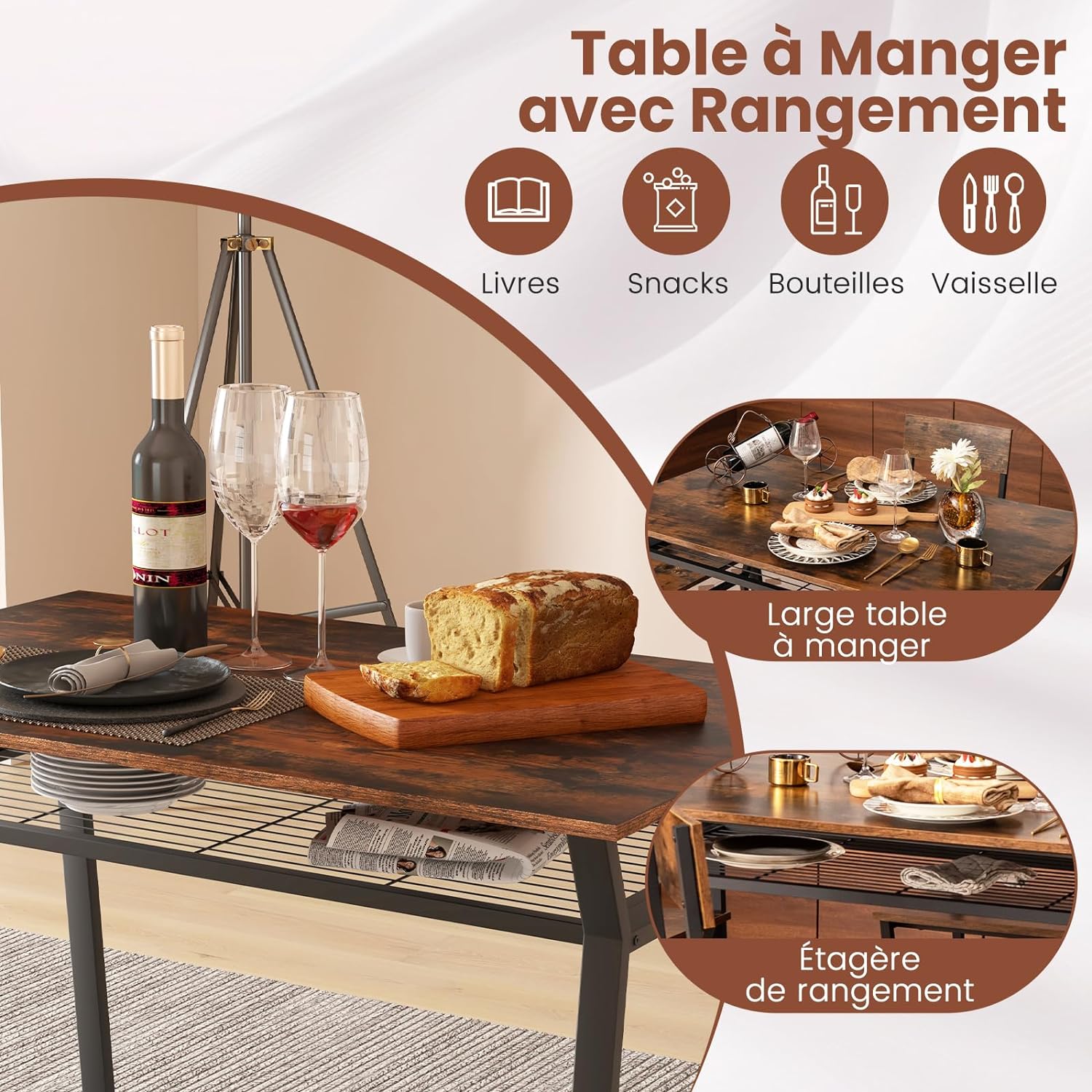 Set da Tavolo e Sedie da Pranzo, Tavolo da Pranzo con 4 Sedie Industriale, Set 5 Pezzi Mobili con Mensola Portaoggetti e Telaio in Metallo, pe - 5