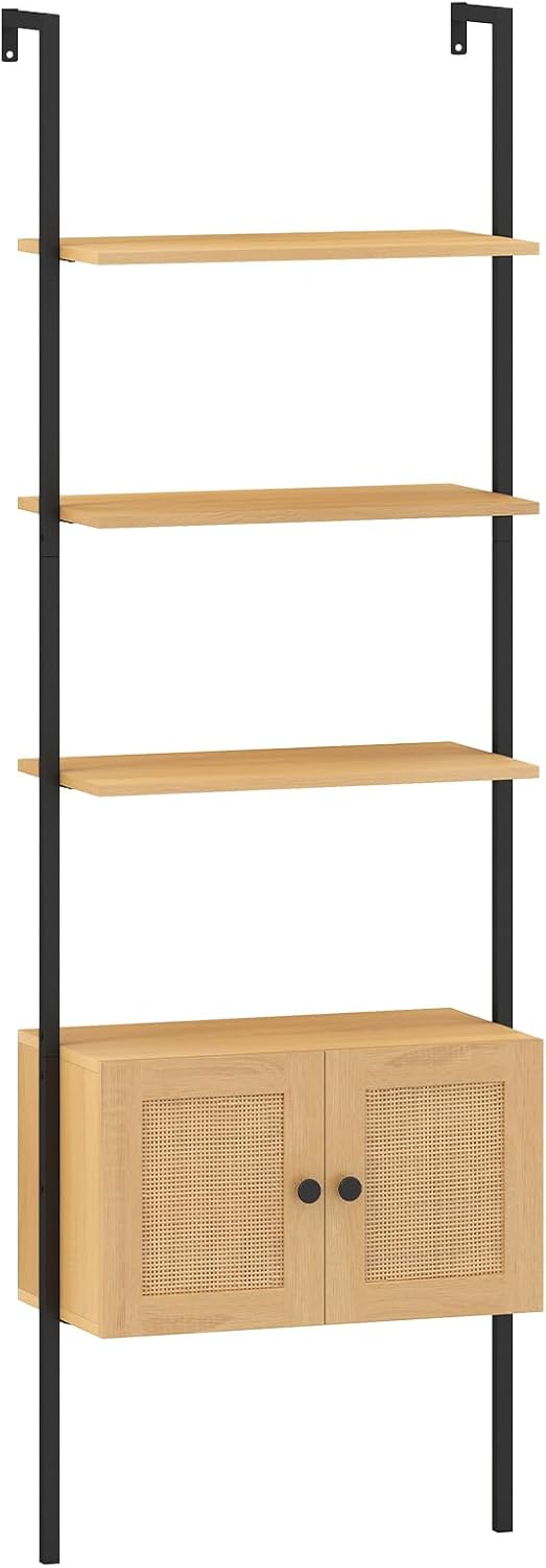 Biblioteka Półka Ścienna, Półka do Przechowywania z 3 Poziomami i Szafką z Rattanu PE, Biblioteka Ścienna, Metalowa Konstrukcja, 60 x 31,5 x 184 cm