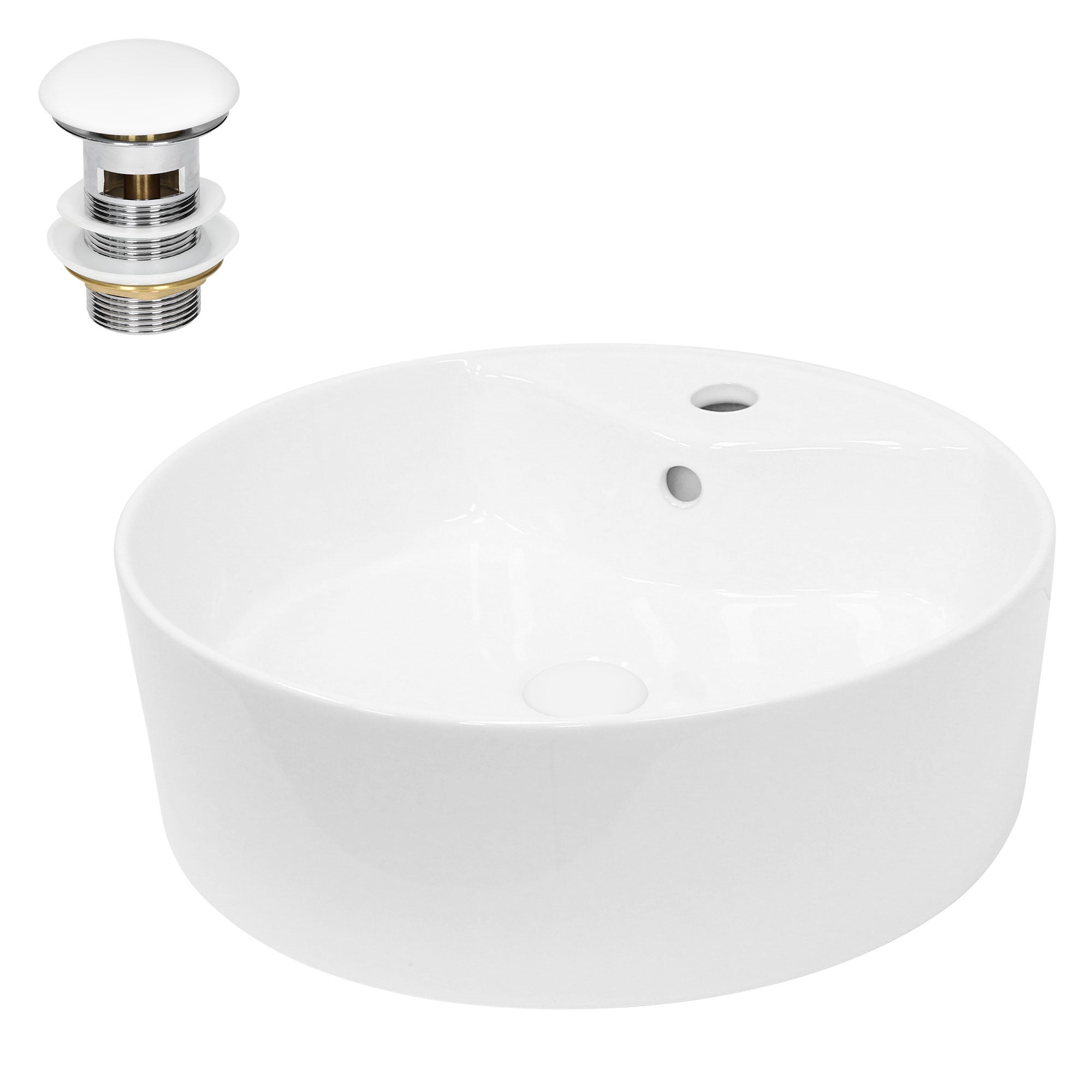 Lavoar de baie LuxeBath, Ø 46 x 15,5 cm, din ceramica, rotund, cu ventil pop-up, orificiu pentru baterie si preaplin, chiuvetă cu montare pe blat, alb