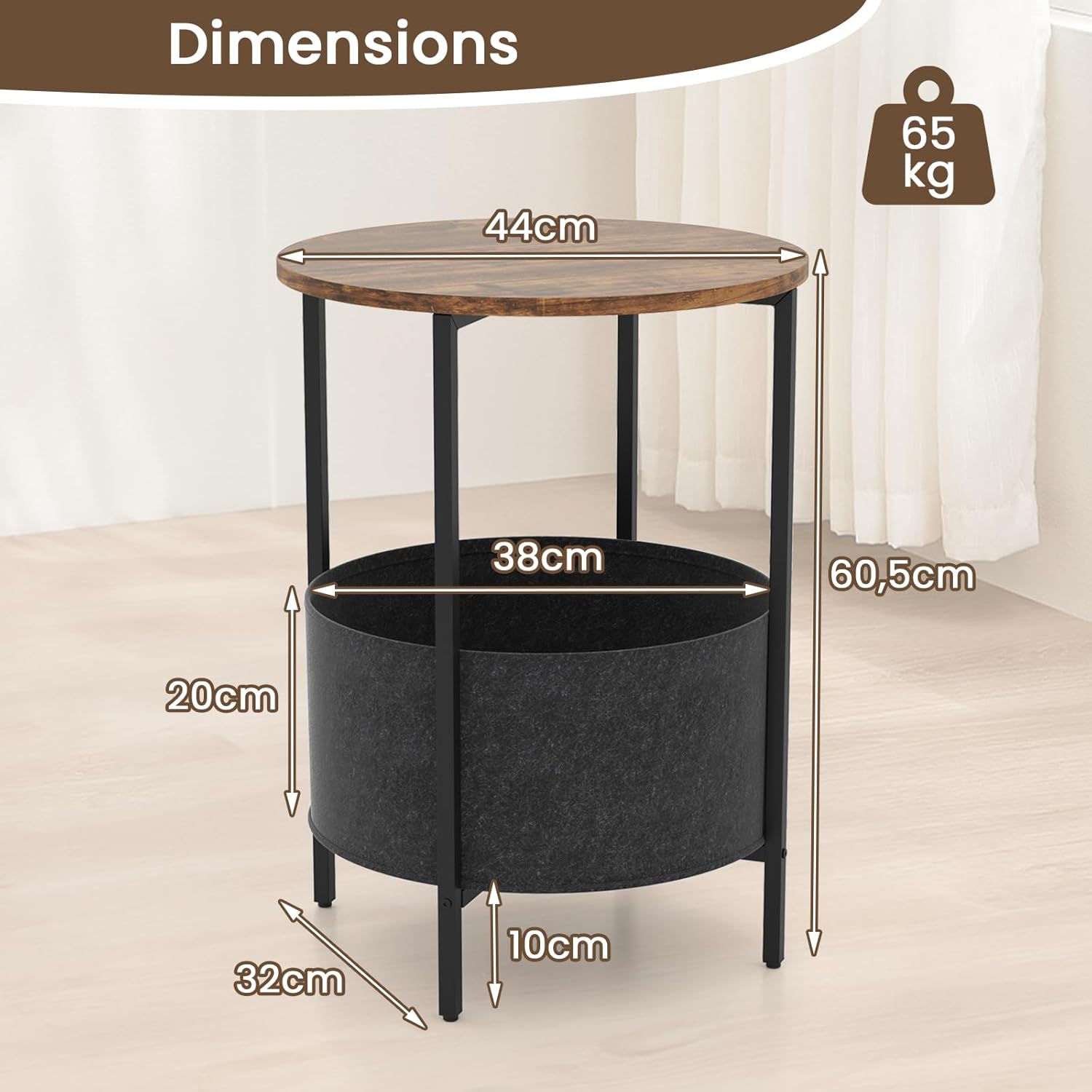 Tavolino Rotondo per Piccoli Spazi, Tavolino a 2 Ripiani con Cestino in Tessuto Rimovibile e Struttura in Metallo, Tavolino da Salotto, Camera - 3