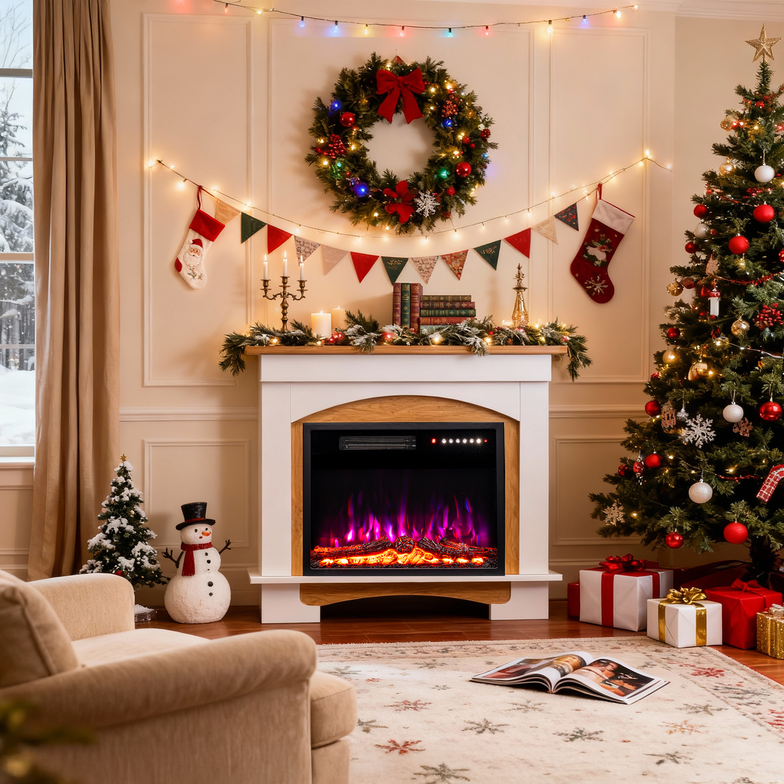 HOMAVO 23" Kominek Elektryczny z Białą Zabudową, 1000/2000W, Płomień 3D, Wymiary: 90 x 30 x 80 cm