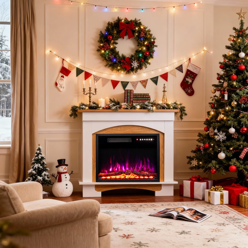 HOMAVO 23" Kominek Elektryczny z Białą Zabudową, 1000/2000W, Płomień 3D, Wymiary: 90 x 30 x 80 cm